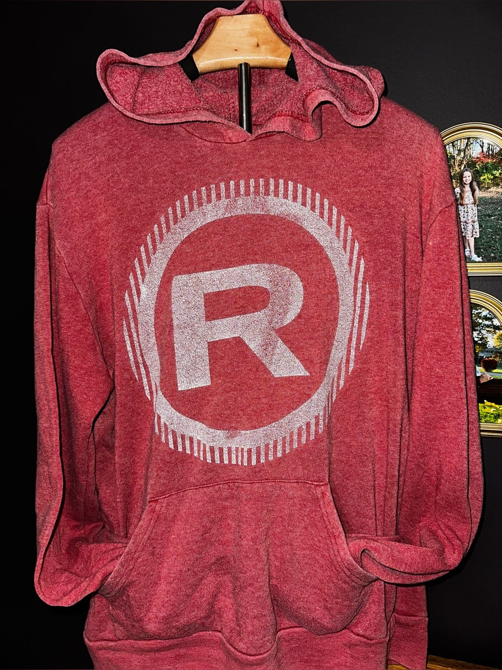 Red Hooded Sweatshirt with “R” for rogue fitness Logo.
